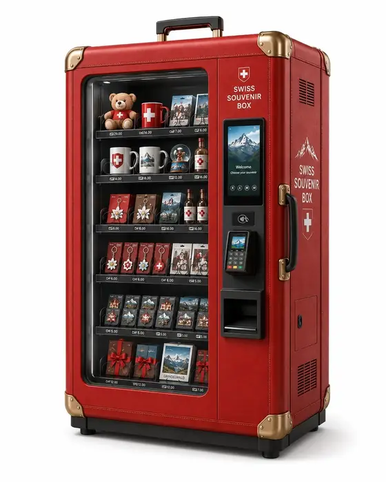 Konzeptvisualisierung einer roten Swiss Souvenir Box im hochwertigen Reisekoffer-Design