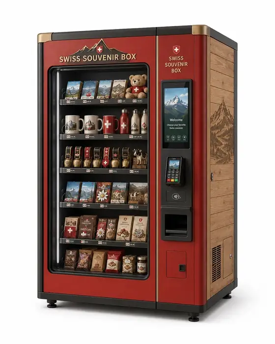 Konzeptvisualisierung einer Swiss Souvenir Box mit roter Front und Holzseiten